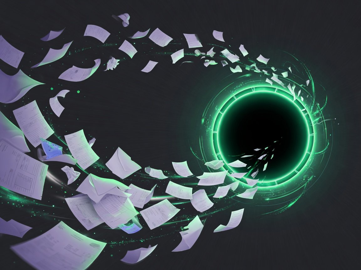 Receipts and invoices being pulled into a green black hole — book cleanup