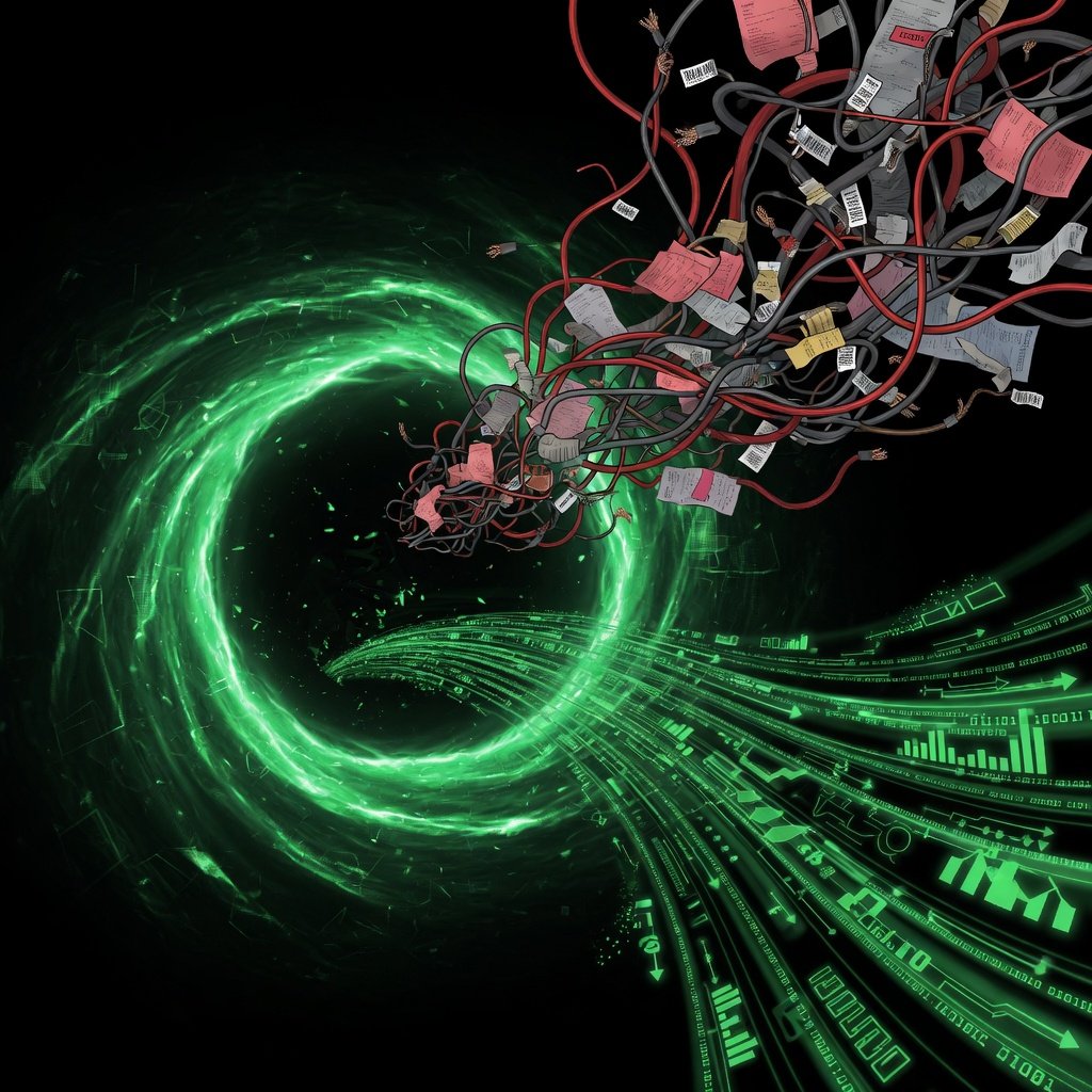 Black hole absorbing tangled financial lines into clean green data streams