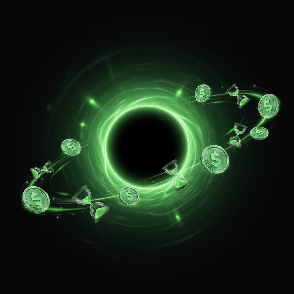 Black hole with orbiting coins and time markers representing payroll